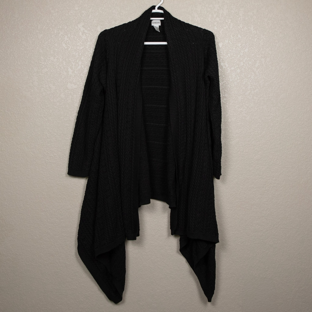 Chico's black cable knit draped waterfall open cardigan-3